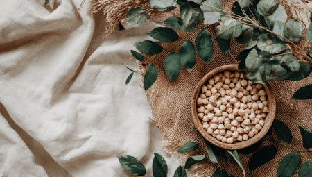This image showcases a wooden bowl filled with chickpeas, surrounded by green leaves and draped fabric. The composition features a neutral color palette with natural textures. The overhead lighting creates soft shadows. Suitable for use in culinary, health, or lifestyle-related marketing and editorial projects.の素材
