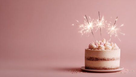 A cake, decorated with frosting and sparklers, is placed on a simple plate against a soft pink backdrop. The composition is straightforward, emphasizing the dessert with bright sparks. This image is suited for various celebratory occasions, including birthdays and other festive projects needing visual interest.の素材
