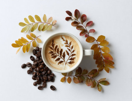 A cup of coffee features a delicate leaf design, complemented by scattered coffee beans and vibrant autumn foliage. The composition uses a flat lay arrangement, employing natural light that casts soft shadows. This image is suitable for various commercial purposes, including advertising and editorial content related to beverages and seasonal themes.の素材
