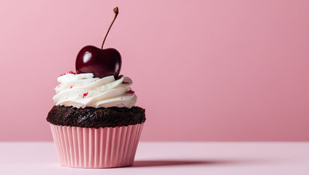 A close-up view displays a cupcake with white frosting and a dark cherry. The cupcake sits in a pink paper liner, set against a pink backdrop. The lighting is soft and even, highlighting the textures of the baked goods. This image is suitable for various commercial uses, including food-related content.の素材