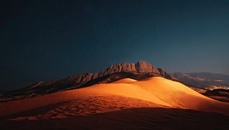 This image showcases a desert landscape, featuring vast sand dunes leading towards a mountain range under a deep blue sky. The scene is illuminated by warm sunlight, casting shadows and highlighting the textures of the sand. Ideal for use in travel, nature, or environmental themed projects, or any content requiring visual storytelling.の素材