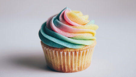 A single cupcake is centered against a plain background, showcasing a vibrant rainbow frosting. The frosting's smooth texture contrasts with the muffin cup's ribbed paper. This image is suitable for culinary websites, social media content, or various design projects requiring a dessert theme.の素材