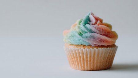 A single cupcake is centered against a clean white backdrop. It features a colorful swirl of frosting in shades of blue, green, yellow, and pink, atop a light-colored cake. The overall presentation is simple and bright, suggesting its potential for use in food-related advertising or editorial content.の素材