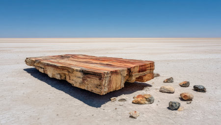 A striking composition showcases a large, textured piece of wood alongside small rocks, set against a vast, pale desert floor and a clear, blue sky. The scene is illuminated by strong sunlight, creating shadows. This image could be suitable for various uses, including editorial and commercial projects.の素材
