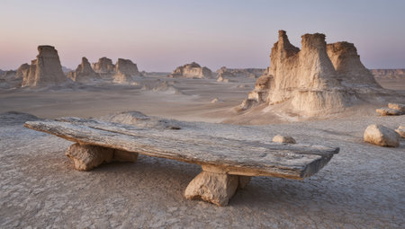 An aged wooden bench rests in a desolate desert landscape. The image showcases natural stone formations under a pastel sky. Warm tones and textured surfaces dominate the composition. This scene depicts an outdoor setting, suggesting a sense of peace and solitude. Potential uses include editorial and commercial projects.の素材