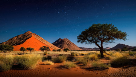A scenic view captures a desert environment featuring mountains, sparse vegetation, and a solitary tree. The composition showcases warm tones contrasted by a deep blue sky dotted with stars. The image presents a serene natural setting suitable for various commercial and editorial applications.の素材