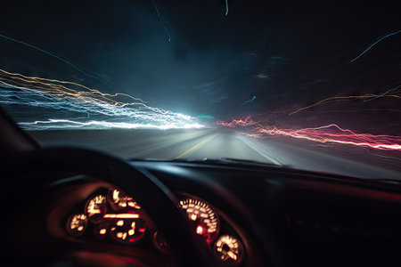 An interior shot of a car's dashboard and steering wheel is seen while driving at night. Streaks of light from passing vehicles create a dynamic motion blur effect. The color palette incorporates dark tones with highlights of blue and red. Suitable for projects requiring imagery of transportation or speed.の素材