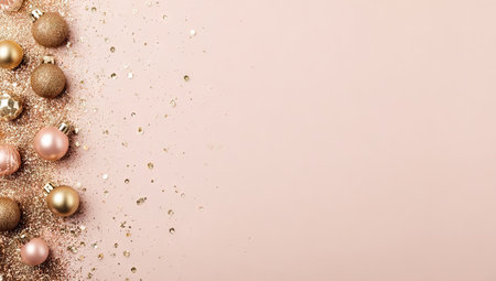 A top-down composition showcases Christmas ornaments scattered on a pastel pink surface. Various textured golden and pink spheres create a decorative pattern alongside shimmering confetti. The soft lighting and clean design suggest a festive atmosphere, suitable for holiday-themed advertising and design projects.の素材