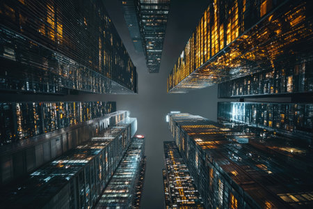 An upward perspective captures tall buildings with lighted windows against a dark sky. The architecture features modern designs with reflective surfaces, and varied warm and cool lighting. This image could be used for illustrating urban themes or representing technology and progress in various media.の素材
