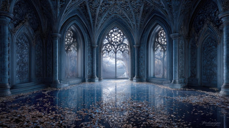 An interior shot reveals a grand cathedral with elaborate gothic architecture. The space is illuminated by light streaming through arched windows. The floor reflects the details above, creating a symmetrical visual effect. The scene evokes a sense of history and grandeur. Suitable for projects requiring architectural, historical, or artistic themes.の素材