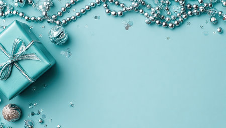 A turquoise gift box with a silver ribbon sits atop a matching background, complemented by shimmering silver beads and scattered accents. The composition employs a top-down perspective with soft lighting, suggesting a celebratory atmosphere. Suitable for presentations or designs requiring a touch of elegance or festivity.の素材