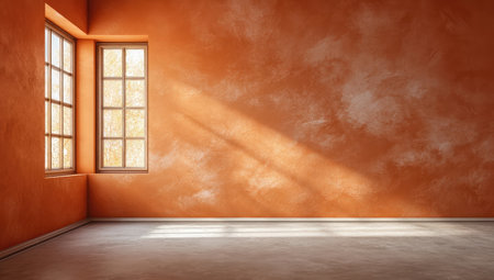 An interior shot showcases an empty room with orange textured walls, lit by sunlight streaming through two windows. The room has a simple concrete floor and a corner composition. The image's lighting emphasizes the walls' texture. Suitable for various applications, including design, decor, and concept illustration.の素材