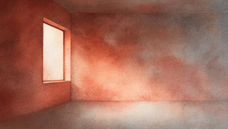 An interior space features a window letting in sunlight and casting warm hues across textured walls. The composition is simple, showcasing empty space with artistic rendering. This image is suited for diverse applications, including illustrating concepts of light, space, and design, for various commercial and editorial needs.の素材