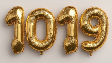 Four metallic gold balloon numbers, displaying the year 1019, are presented against a plain white backdrop. The inflated digits show a shiny, reflective surface. The image exhibits a high-angle view, suggesting a celebratory or commemorative theme suitable for various digital and print applications.の素材