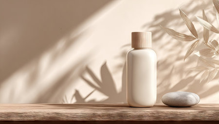 A cosmetic bottle is positioned on a wooden surface, with a stone next to it. The image displays natural light and shadow effects. The background and surroundings are in neutral tones. This setup can be used for beauty, wellness, or product promotion materials in various commercial projects.の素材
