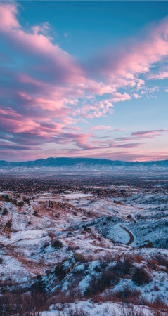 An aerial perspective showcases a snow-dusted terrain under a vibrant sky. The image features a blend of blue, pink, and white hues, with a winding road leading through the landscape. The overall composition suggests a tranquil outdoor setting, suitable for various editorial and promotional purposes.の素材