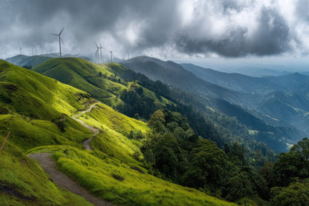 A scenic landscape showcases rolling green hills with wind turbines silhouetted against a cloudy sky. The composition emphasizes natural beauty with a winding path. The image features lush vegetation and a dramatic sky, suitable for environmental or energy-related visual content.の素材
