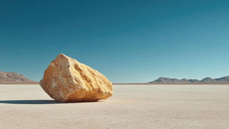 A single, large stone rests on a vast, flat landscape under a clear blue sky. The scene features warm, earthy tones, with the stone's texture contrasting against the smooth ground. Distant mountains provide context. This image is suitable for various commercial uses, including advertising and editorial content.の素材