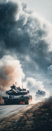 Two military tanks travel on a road, creating a smoky atmosphere. The composition features an overcast sky and muted colors. The image captures motion and evokes concepts such as conflict or defense. Suitable for various editorial and commercial applications.の素材