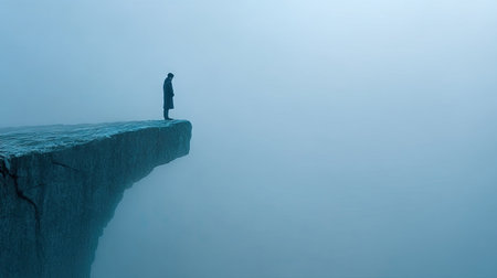 A solitary figure stands at the edge of a cliff, gazing into a sea of fog. The image displays a cool color palette with soft textures and subdued lighting, creating an atmosphere of solitude. This evocative scene could be useful for projects related to introspection, or travel. The composition emphasizes open space.の素材
