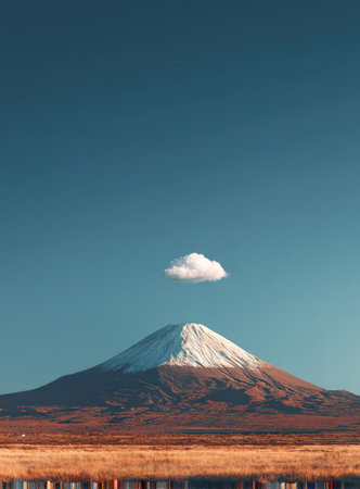 An image showcases a snow-capped mountain under a deep blue sky, with a singular cloud hovering above. The composition is clean with natural colors, featuring brown, white, and blue hues. This scene of natural beauty could be utilized for various commercial and editorial projects.の素材