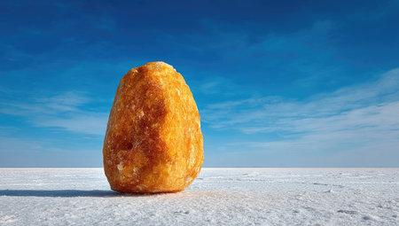 A striking visual features a solitary, textured rock formation in front of a vast, flat white expanse beneath a clear blue sky. The composition emphasizes the contrast between the rough rock and the smooth surface. The image's color palette and lighting suggest a sunny day, suitable for various commercial or artistic applications.の素材
