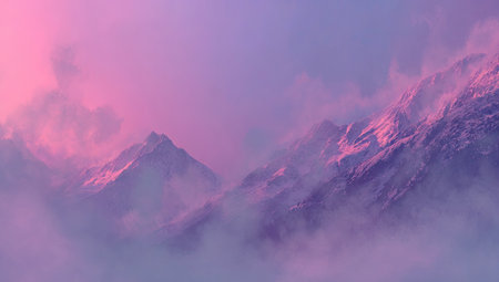 An aerial view presents a stunning mountainous landscape. The scene is enveloped in a soft, ethereal atmosphere, with pastel pink and purple hues illuminating the rugged peaks and surrounding clouds. The composition offers a sense of vastness and tranquility, suitable for various artistic and commercial applications.の素材