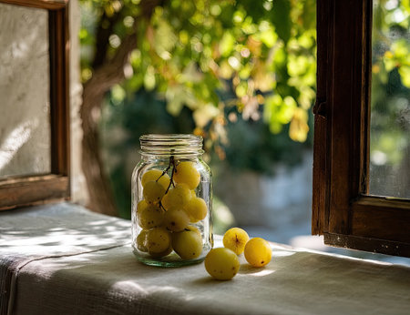 A jar filled with yellow grapes sits on a windowsill, illuminated by sunlight. Three grapes are scattered on the surface. The scene showcases a rustic aesthetic. A soft-focus, bokeh background suggests an outdoor environment. Suitable for visual concepts about healthy eating or nature.の素材