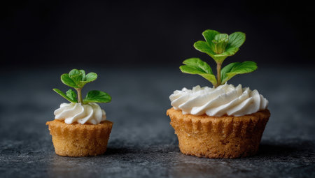 Two small cupcakes with white frosting are topped with vibrant green plants, set against a dark, contrasting background. The composition features a close-up shot emphasizing texture and detail. This could be used for culinary, decorative, or conceptual projects, emphasizing natural elements and growth.の素材