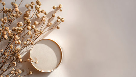 An overhead shot features delicate dried flowers next to a neutral-toned plate. The composition utilizes soft lighting to create subtle shadows and highlights. This image showcases a minimalist aesthetic, suitable for various design projects and editorial content, offering a clean and elegant visual appeal.の素材