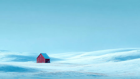 A small, red house stands isolated in a vast, snow-covered landscape beneath a pale blue sky. The minimalist composition features soft textures, creating a tranquil atmosphere. This serene image could be suitable for various uses, including marketing materials, website design, and editorial content.の素材