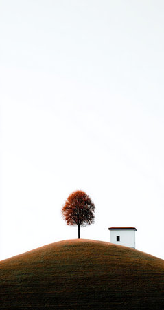 An isolated tree with reddish foliage and a small white structure stand atop a grassy hill. The image presents a minimalist composition against a bright, expansive sky. The color palette primarily features earth tones and white, suggesting a serene environment. Suitable for artistic projects, design, and editorial uses.の素材