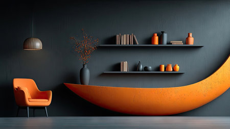 A contemporary interior scene showcases an orange chair, shelving, and other decorative objects against a dark background. The composition highlights a curved orange element, a hanging light, and carefully arranged items. The image displays a stylish, modern aesthetic and is suitable for various commercial or editorial applications.の素材