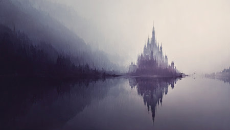 A majestic castle rises from serene waters, mirroring its intricate architecture. The scene features muted tones, with fog enveloping the surrounding mountains. The composition suggests an atmospheric setting. Ideal for illustrative uses such as fantasy artwork, concept design, or website backgrounds.の素材