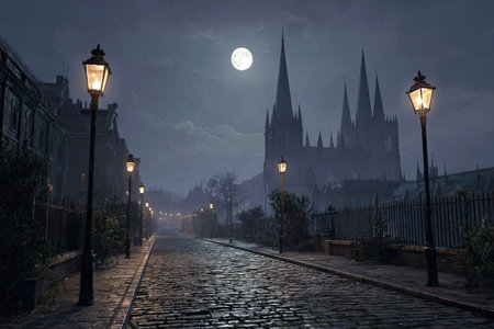 An atmospheric street is illuminated by gas lamps, leading toward a prominent gothic structure under a full moon. The cobblestone road and surrounding buildings are rendered in cool tones, suggesting a night scene. This image could be suitable for editorial content or creative projects, depicting a historic or cinematic environment.の素材
