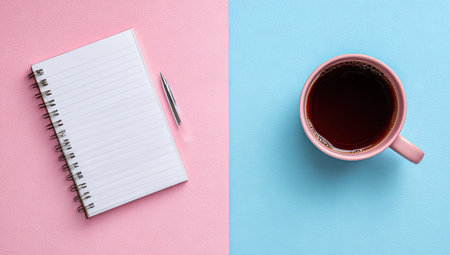 An open notebook with a pen next to a coffee cup rests on a two-tone surface. The composition showcases a top-down view with contrasting pastel colors. The style presents clean lines with vibrant lighting. Suitable for articles or advertising, the image provides a minimalist aesthetic.の素材