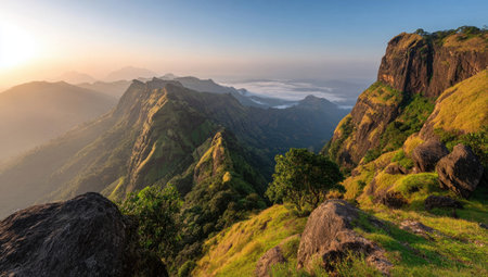 An aerial perspective shows a mountain landscape with rugged terrain and vegetation. The image displays a ridge with a warm sunlight casting shadows and highlighting the texture of the rock formations. It may be suitable for travel, tourism, and environmental projects.の素材