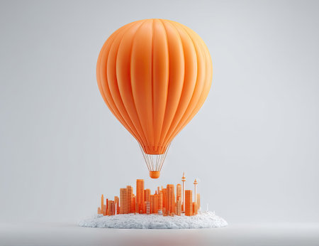 An orange hot air balloon is depicted above a stylized city. The artwork showcases a bright color scheme with clean lines and soft lighting. This artistic composition is suitable for various applications, including advertising campaigns and conceptual illustrations, offering a modern aesthetic.の素材