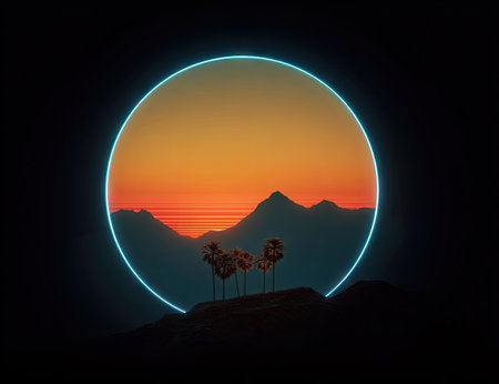 This image presents a vibrant sunset landscape encapsulated within a neon circle. Mountains and trees form dark silhouettes against a gradient sky of orange and yellow hues. The composition is a retro-futuristic style with a focus on color and a minimalist aesthetic. This could be used for various commercial or editorial applications.の素材