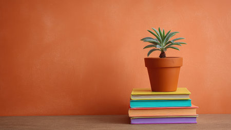 A small potted plant sits atop a colorful stack of books against a vibrant orange wall. The image features natural light and a clean composition, showcasing the plant and books as the central subjects. This still life could be used in various commercial applications, including editorial and educational projects.の素材