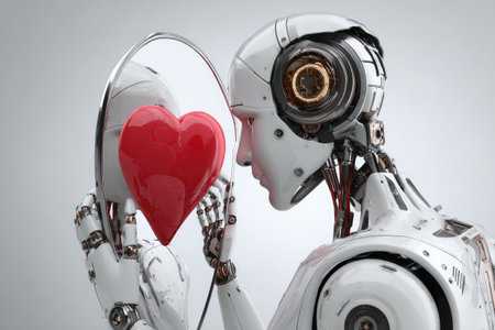 A futuristic robot examines a red heart shape, symbolizing love and emotion. The image features smooth, white robotic skin and metallic components set against a neutral background. The lighting is soft, emphasizing the clean lines and reflective surfaces. Suitable for use in projects about artificial intelligence, relationships, or conceptual themes.の素材