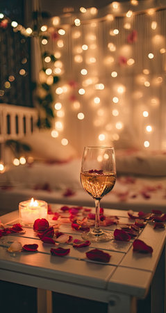 A close-up view displays a glass of wine accompanied by a candle and scattered rose petals. The composition features soft, warm lighting from string lights in the background. This setting suggests intimacy and celebration, potentially suitable for romantic themes and lifestyle content. It conveys a cozy indoor environment.の素材