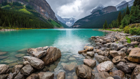A landscape photograph captures a serene lake framed by towering mountains and lush greenery. The turquoise water contrasts with the rocky shoreline. The composition features a natural outdoor environment with soft lighting. This image could be used for various commercial and editorial applications, showcasing natural beauty.の素材