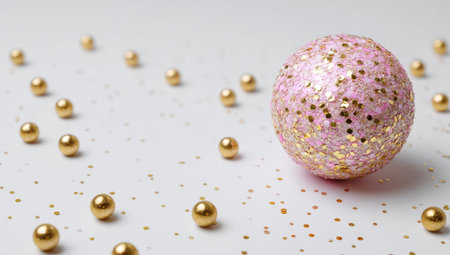 A festive image showcases a textured pink sphere covered in glitter, surrounded by smaller golden orbs. The composition is set against a clean white background with scattered confetti, creating a bright and celebratory feel. This photograph could be used for various projects needing a touch of luxury or holiday themes.の素材