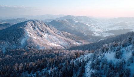 An aerial perspective showcases a winter mountain landscape. The scene features snow-covered peaks, lush evergreen forests, and a soft, diffused lighting. The overall composition displays a natural setting in cool tones. This image is suitable for a variety of projects, including travel publications and environmental themes.の素材