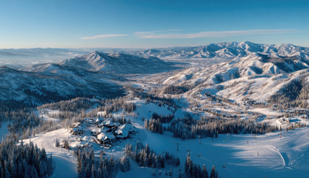 An aerial view presents a snow-laden mountain range, revealing a valley and evergreen forests. The composition highlights a dynamic interplay of textures and tones. Cold light casts long shadows across the landscape. This image is suitable for various commercial uses, including travel and environmental themes.の素材