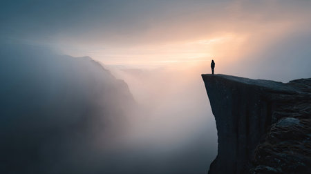 An image captures a solitary figure silhouetted against a dramatic sky. The person stands on a cliff edge, overlooking a landscape shrouded in mist. The color palette consists of cool blues and grays contrasted by warm light. This image could be used for various projects needing a visual of solitude.の素材