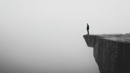 A grayscale image depicts a solitary figure on a cliff, silhouetted against a misty backdrop. The composition features a strong horizontal line and muted tones. The scene suggests introspection and isolation. Suitable for a range of editorial and commercial applications, this image conveys themes of contemplation and vulnerability.の素材