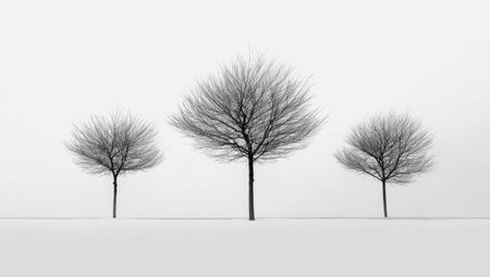 Three trees without leaves stand isolated in a stark, minimalist composition. The monochromatic palette emphasizes the branches and textures. The image, with its high-key lighting, suggests a winter setting. This could be useful for editorial content, or design projects related to nature and the seasons.の素材