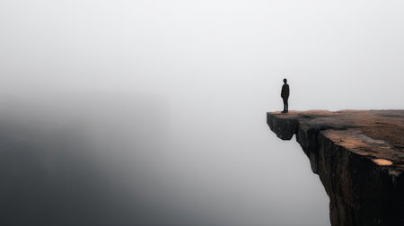 A solitary figure stands on a cliff's edge, gazing out at a dense, foggy environment. The image features a monochromatic color scheme with a focus on silhouette and dramatic lighting. The composition emphasizes isolation and vastness, suitable for various editorial and commercial applications.の素材